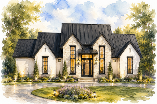 Modern Cotswold Storybook Home Design with steep gables black standing seam roof natural stone exterior and vaulted single-story layout