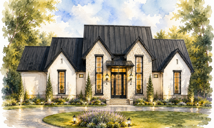 Modern Cotswold Storybook Home Design with steep gables black standing seam roof natural stone exterior and vaulted single-story layout