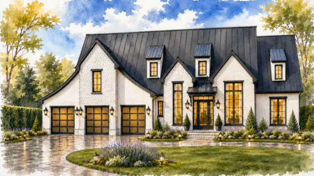 Front rendering of Landover M-3626-ST modern French Country luxury house plan featuring white masonry exterior, black standing seam roof, tall windows, and dramatic European architecture.