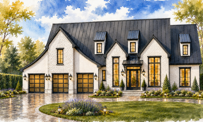 Front rendering of Landover M-3626-ST modern French Country luxury house plan featuring white masonry exterior, black standing seam roof, tall windows, and dramatic European architecture.