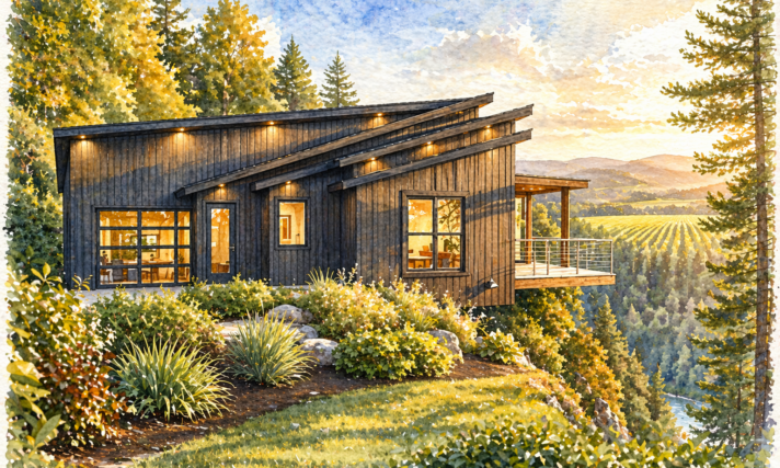 Organic Modern One Story - Rear View house plan Canyon MM-2010 featuring vaulted great room, dramatic shed roofs, rear outdoor living, and panoramic view windows. Front View