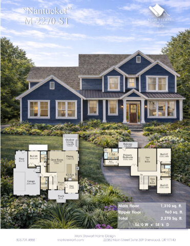 Front exterior rendering and floor plan of Nantucket M-2270-ST Modern Classic House Plan featuring blue shingle siding white trim dramatic rooflines and warm interior lighting.