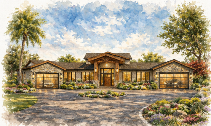 Laramie M-4048 Modern Rustic Luxury Home Design featuring dramatic timber details, dual garages, vaulted living spaces, outdoor kitchen, and luxury ranch architecture. Front Rendering