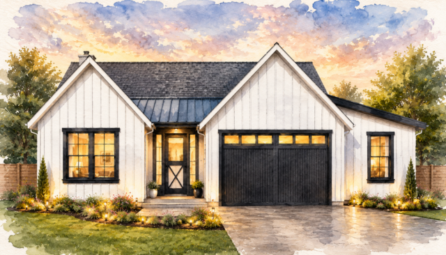 Front elevation of Present Moment M-1794 Modern Heritage Ranch House Plan featuring vaulted living spaces, three bedrooms, open-concept design, and timeless ranch architecture.
