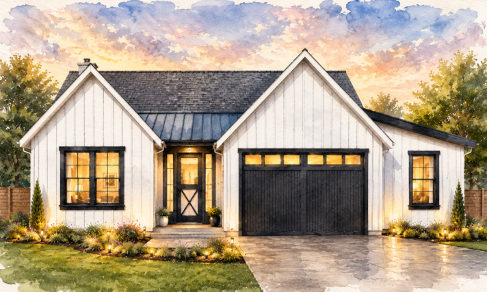 Front elevation of Present Moment M-1794 Modern Heritage Ranch House Plan featuring vaulted living spaces, three bedrooms, open-concept design, and timeless ranch architecture.