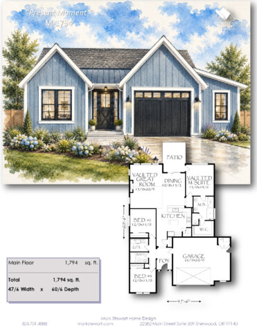 Front elevation of Present Moment M-1794 Modern Heritage Ranch House Plan featuring vaulted living spaces, three bedrooms, open-concept design, and timeless ranch architecture.