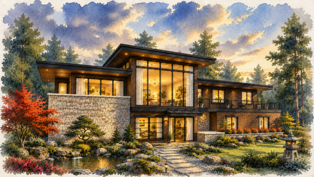 Howie’s Place M-3113-H Modern Down Slope House Plan with panoramic glass, natural stone, warm wood siding, expansive decks, and a luxury walkout level. Rear Rendering 