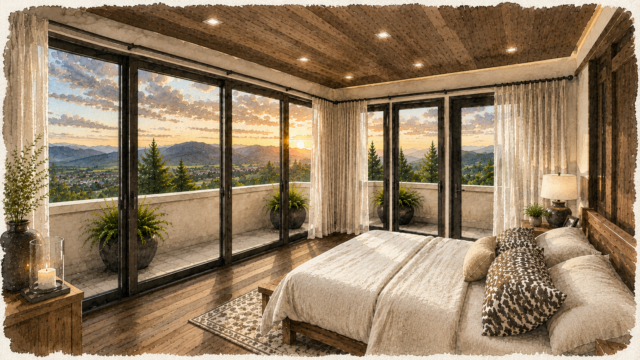Howie’s Place M-3113-H Modern Down Slope House Plan with panoramic glass, natural stone, warm wood siding, expansive decks, and a luxury walkout level. Primary Bedroom
