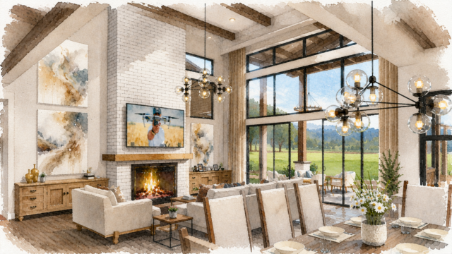 Modern Rustic Heritage Luxury Ranch- Laramie House Plan - M-4048 Great Room Vaulted Ceiling 