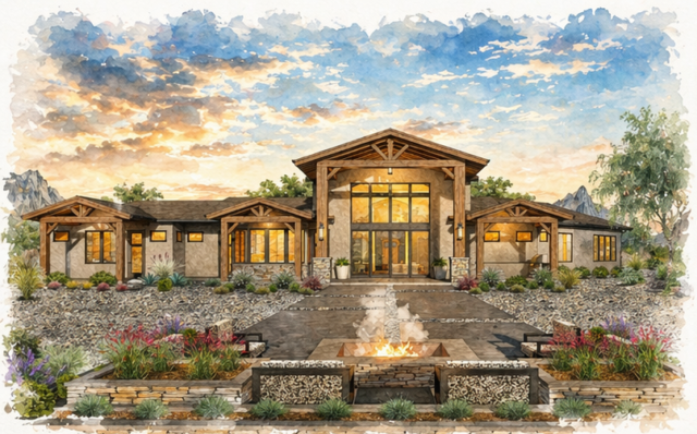 Laramie M-4048 Modern Rustic Luxury Home Design featuring dramatic timber details, dual garages, vaulted living spaces, outdoor kitchen, and luxury ranch architecture. Rear Watercolor View