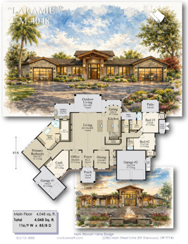 Laramie M-4048 Modern Rustic Luxury Home Design featuring dramatic timber details, dual garages, vaulted living spaces, outdoor kitchen, and luxury ranch architecture.