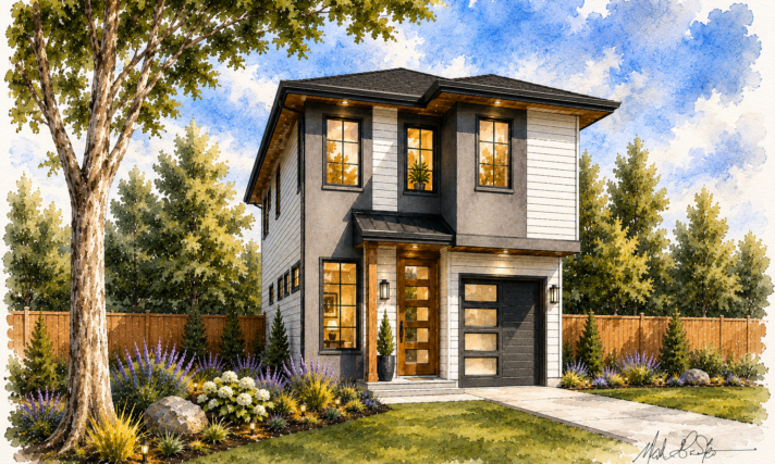 Narrow 2 Story Modern Home Plan | Common Ground MM-1560 Front View